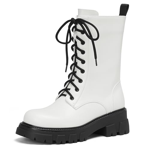 Image of Women Harness Motorcycle Biker Boots Steampunk Combat Boots Chunky Mid Calf Goth Boots Lug Sole Lace up Side Zipper