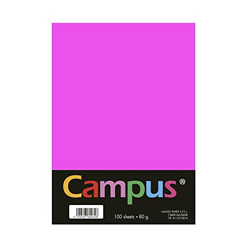 Campus - Papel de Colores A4 100 Unidades, 80g/m², 210 x 297 mm. Papeles A4 de colores con tacto suave, perfectas para encuadernación, oficina, dibujo y manualidades. Color Rosa Neón