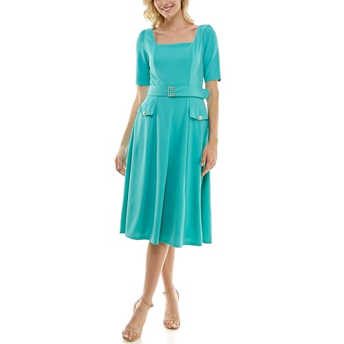 Maison Tara Women's Square Neck Belted Midi Dress with Pockets, Aqua, 8 at Amazon Women's Clothing store Maison Tara Women's Square Neck Belted Midi Dress with Pockets, Aqua, 8 at Amazon Women's Clothing store