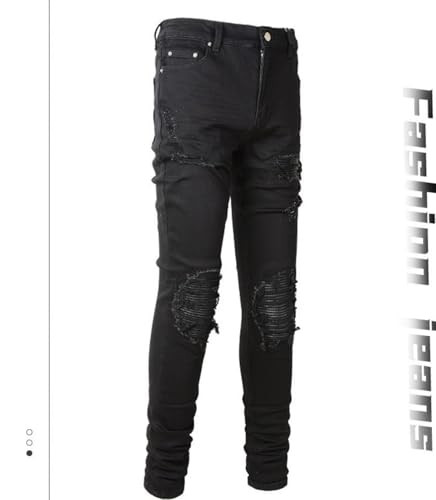 Jeans Pants Trousers Denim Men Street Trendy Stretch Tight Slim Fit Black Patch Punched Small Foot Casual2