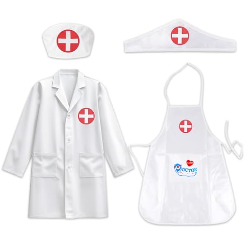 Rppiup 4 Stück Arztkittel Arzt Kostüm Kinder, halloween kostüm Kinder Laborkittel Krankenschwester Schürze + Kappe Doktor Zubehör,Verkleidungskiste für Mädchen Jungen