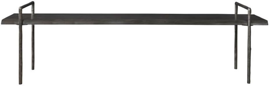 BOWERY HILL Contemporary Iron and Wood Bench, 76 in Wide, Dark Gray Acacia Seat, Tarnished Silver Iron Frame, Modern Style Living Room Seating or Entryway Decor
