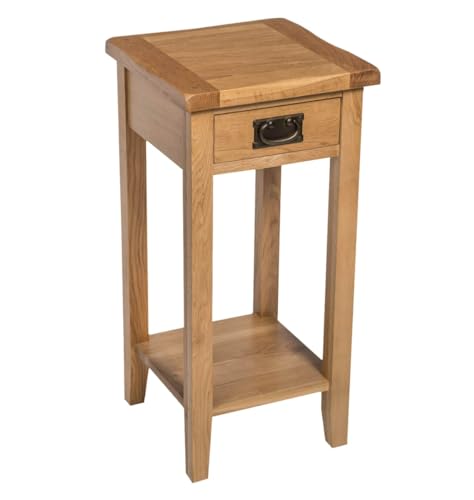 Hallowood Furniture Monchique Small Oak Side Table with Drawer and Shelf, Wooden Lamp or Telephone Table for Living Room or Bedroom, Narrow Console Tables for Hallway or Entryway