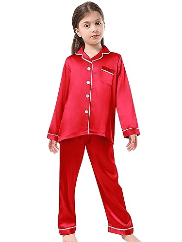 Image of Schbbbta Girls & Women Satin Pajamas Set, 2Piece Silk Nightwear Button-Down Sleepwear for Teen Kids, 3 Years - Women XXL