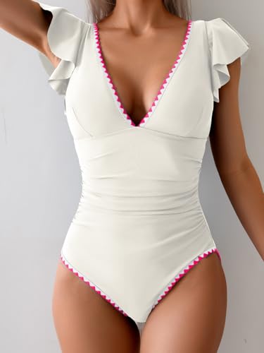 Image of Aidonger Women's One Piece Ruffle Swimsuit Tummy Control Bathing Suit V Neck Shell Stitched Swim Suit Slimming Swimwear