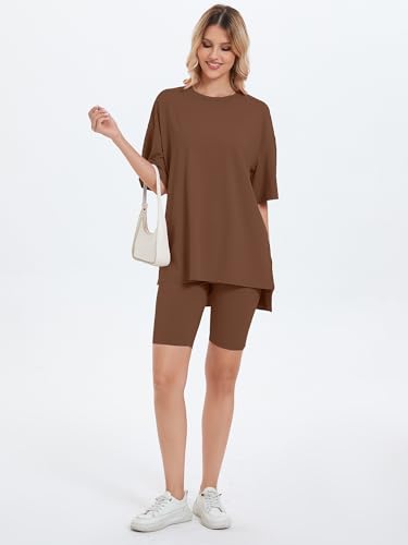 Heymoments Vacation Sets for Women Mellow Brown XX-Large Oversized T-Shirt and Biker Shorts Pajama Set Soft Summer Pajamas Set Breathable Sleepwear Comfy Nightwear Womens Pjs Set — view 5