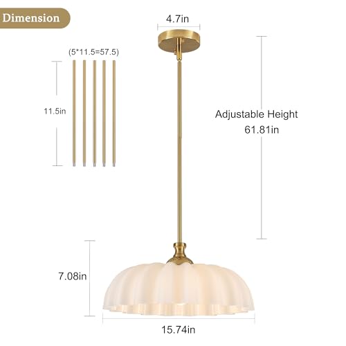 Image of 15.7 inch Vintage Flower Gold Chandelier - Adjustable Height White Milk Glass Shades Pendant Light Fixture for Kitchen Island, Dining Room, Bedroom