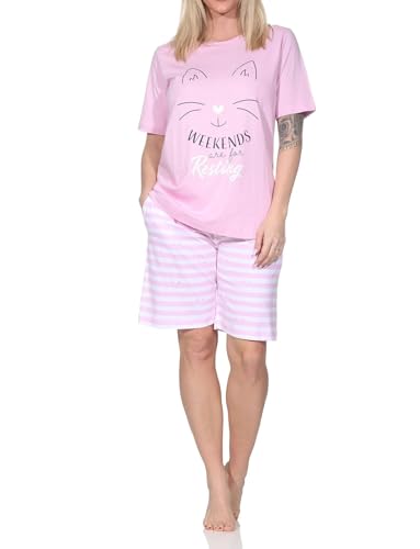 Normann Damen Kurzarm Schlafanzug Shorty Pyjama in Katzen Optik - auch in Übergrößen Farbe:rosa Größe:60-62