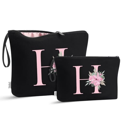 Image of Vavabox A-Z Personalized Makeup Bag, Birthday Gifts for Women Mom, Gifts for Best Friend, Bride Bridesmaid Cosmetic bag (H, 04-Black Set)