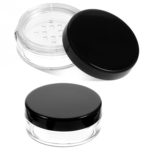 2 PCS 10ml/0.34oz Plastic Empty Travel Small Loose Powder Compact with Rotatable Sifter and Leakproof Screw Lid, Refillable Loose Powder Containers Reusable No Leak Compact, Black