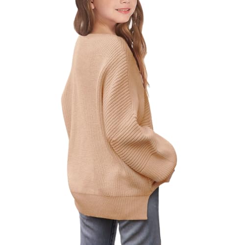 WISREMT Girls Sweaters Crewneck Pullover Jumper Oversized Drop Shoulder Knit Tops Teen Girl Solid Sweater for 7-14 Years2