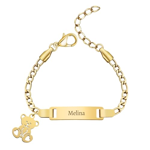 Pulsera personalizada para bebé con nombre grabado personalizado, fecha de nacimiento y acero inoxidable, regalo para bebé, niño o nueva mamá (Bear Bracelet)
