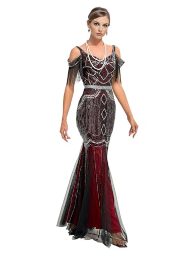 Image of Women Evening Maxi Long Dress 1920s Sequin Mermaid Hem Wedding Prom Gown Costume w / 20s Gatsby Accessories Set