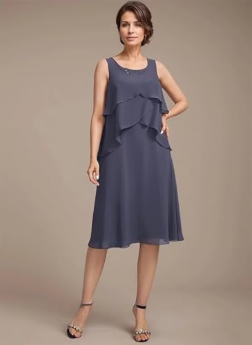 2 Pieces Mother of The Bride Dresses for Wedding Knee Length Tiered Beaded Chiffon Formal Evening Gowns with Jacket4