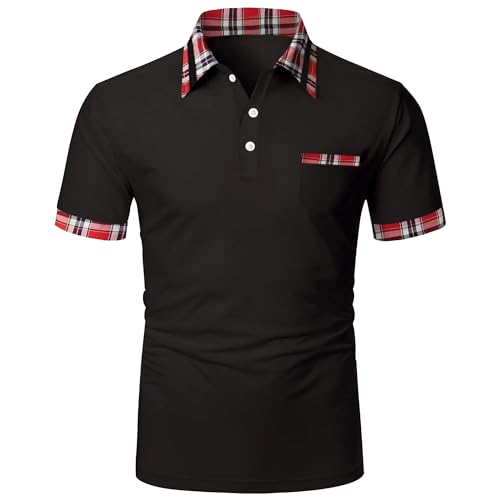 Aosufei Polo casual con cuello abotonado para hombre, color a juego, polo de golf amplio y cómodo, Negro , XXL