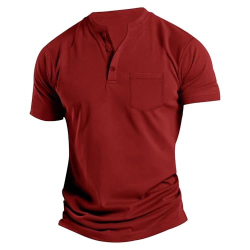 Men Classic Chest Pocket Casual T Shirt Quarter Button Business Polo Shirt Summer Loose Relaxed Fit Pullover Tops (Wine Red,Medium)