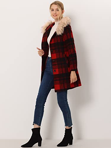 Allegra K Women's Winter Thick Button Front Pockets Check Plaid Coat With Fluffy Hood X-Large Red Black #TOP2