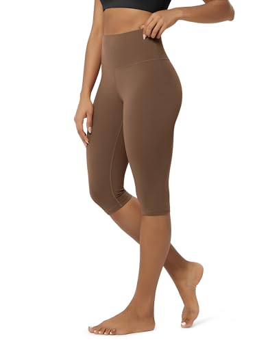 ODODOS Buttery Soft Lounge Yoga Capris for Women 14" High Waist Knee Length Leggings, Brunette, Medium