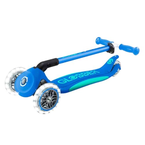 GLOBBER Primo Foldable Plus Lights Roller - Tretroller Kinder ab 3 Jahre - Scooter 120/80 mm - ABEC 5, 3-r&auml;drig mit LED Rollen - h&ouml;henverstellbar - dunkelblau-t&uuml;rkis