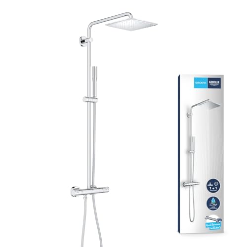 GROHE Colonne de douche avec robinet thermostatique douche Vitalio Joy, douche apparente, tête de douche 230mm, barre orientable, douchette Vitalio Get Stick,...