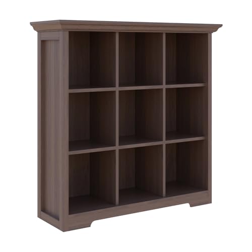 OSCHF Cube Shelf Bookcase with Base - Wooden 3 Tiers Floor Standing Low Storage Cabinet for Home and Office, 9-Cube Lattice Bookshelf, Walnut