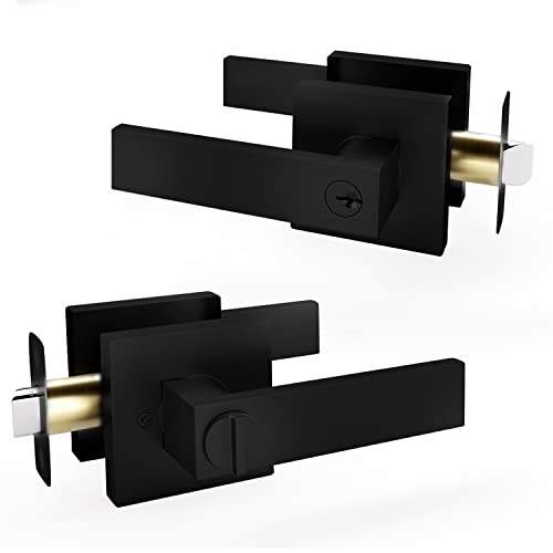 Heavy Duty Entry Lever Door Handle Set Heavy-Duty Square Locking Lever Set with Key - Reversible Door Handles for Left or Right-Handed Doors - Interior and Exterior Door Levers in Matte Black Finish