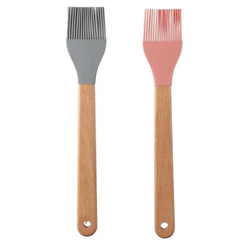 hobbyme 2Pcs Silicone Heat Basting Brush,Oil Brush with Wooden Handle,Practical Pastry Brush Food Brushes for Kitchen Cooking,Pink and Grey