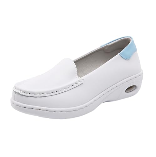 Wygwlg Orthopedic Sandals for Women, Fashionable Air Cushion Slip on Breathable Leather Work Soft Bottom Nurse Shoes, Buffer Wipeable Nonslip Hospital Flat, for Healthcare Providers(White Blue,4.5)