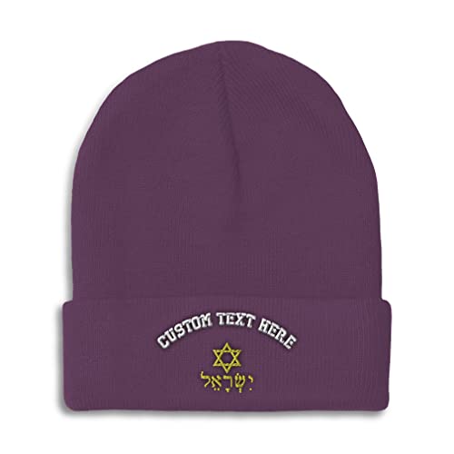 Custom Beanies for Men Hebrew Israel Star of David B Embroidery Symbols Star of David Winter Hats for Women Acrylic Skull Cap 1 Size Purple Personalized Text Here
