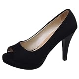 MJIASIAWA Peep Toe Tacón de Agujas Mujer Plataforma Zapatos Sin Cordones Gamuza Cuero Bombas de Tacón Alto Lazos Correa de Tobillo Noche Negro Talla 36 EU