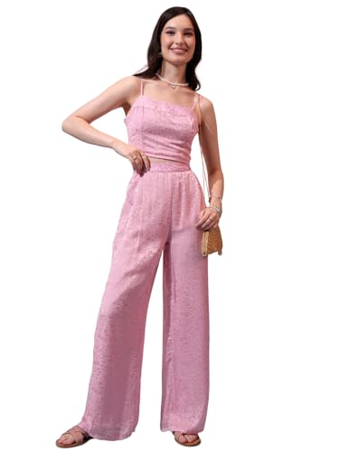 Image of Tokyo Talkies Women's Sleeveless Shoulder Straps Self Design Co-Ords| Stylish Co-Ords | Party Co-Ords