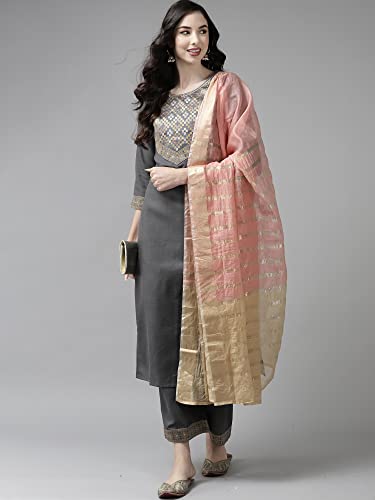 Image of INDO ERA Women's Cotton Blend Yoke Design Straight Kurta with Pant & Dupatta Set
