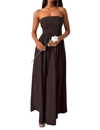 Image of Women Summer Strapless Maxi Tube Dress 2024 Trendy Solid Pleated Flowy Dress Wedding Guest Maxi Dresses Party Club
