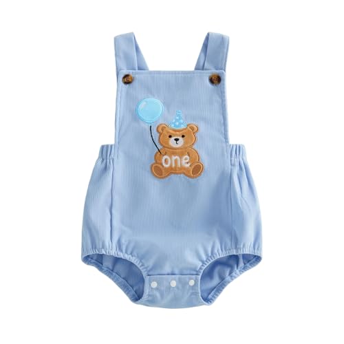 Lamuusaa Toddler Baby Boy Birthday Outfit One Animal Embroidery Romper Backless Bodysuit Jumpsuit Overalls Cake Smash Outfit (Blue 12-18 Months)