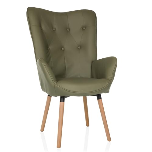 hjh LIVING Sedia ad ala in velluto HAVENIO I Poltrona per camera da letto, sedia imbottita con gambe in legno, tessuto verde oliva