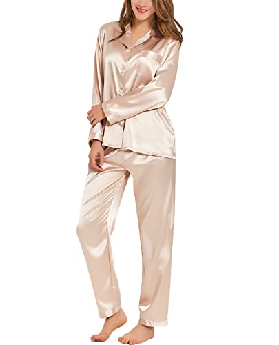 Image of SWOMOG Long Sleeve Pajamas Set Silk Satin Sleepwear Button Down Pjs Loungewear with Pocket