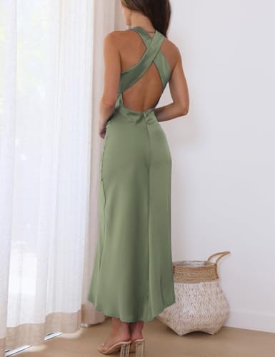 Image of Halfisland Womens Satin High Neck Backless Sleeveless Cocktail Midi Dress