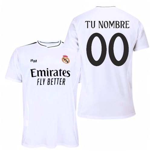 Real Madrid Camiseta Personalizada con tú Nombre de la Primera Equipación Temporada 2024-2025 - Réplica Oficial Autorizada con Licencia - Adulto (FR/ES, Letras, L, Regular, Regular, Blanco)