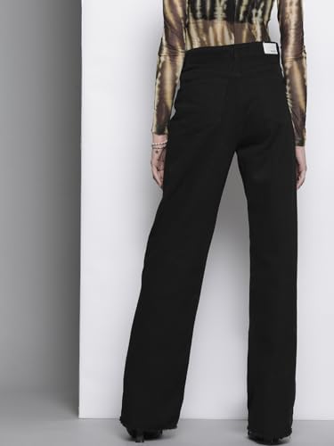 Image of Sassafras Women's Distressed Slim Fit Slit - Casual Streetwear Denim Wide Leg Jeans