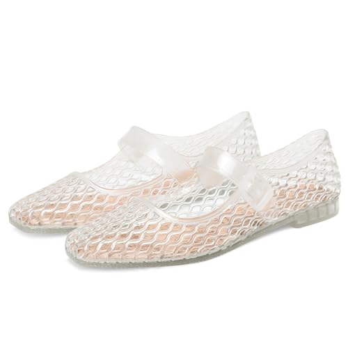 CEFISOP Jelly Flat Shoes for Women Square Toe Mesh Ballet Flats Clear Beach Mary Jane Jellies Comfortbale Ballerina with Buckle Strap Clear Size 8.5