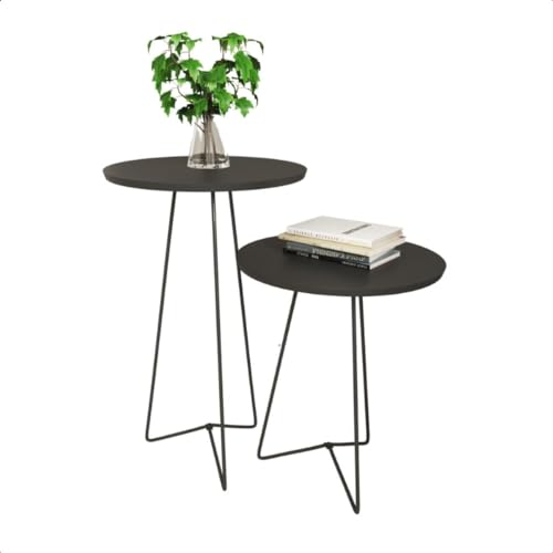 Conjunto Mesas De Canto Apoio E Lateral Pés Preto Em Metal Tripé Tampo Preto
