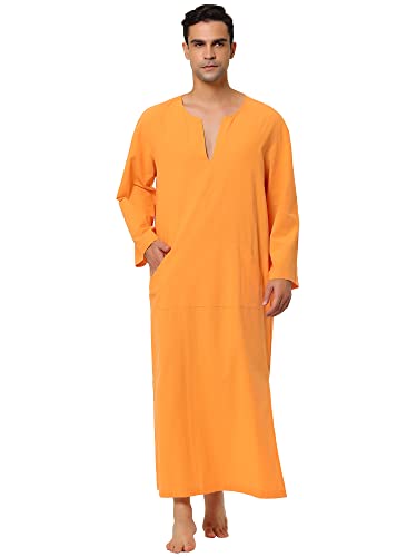 Lars Amadeus Chemise de Nuit pour Hommes Chemise de Nuit en Coton Col en V Robe Longue Fendue sur Le côté avec Poche Orange Jaune L Cover