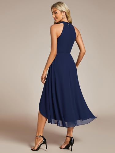Image of Ever-Pretty Women's Halter Chiffon Midi Cocktail Wedding Guest Dress | High Low, Pleated, Summer Semi Formal Dress, Mother of the Bride Dress