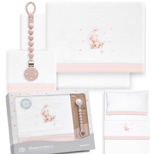 mibebestore   Sábanas de Coralina para Cuna 60x120 cm | Invierno Extra Suave y Cálido | 3 Piezas: Bajera Ajustable, Encimera y Almohada | Certificado Oeko Tex | Oso Luna Rosa | Fabricado en España