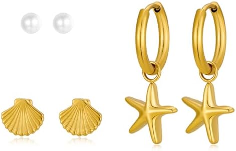 3 Pairs Starfish Earring Stacks Small Pearl Shell Gold Huggie Hoop Earrings for Women Summer Ocean Beach Earring Sets for Multiple Piercing Stackable Earrings