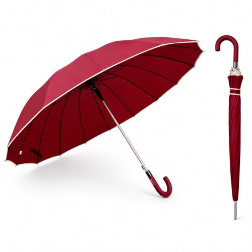 Meteorwi Home   Paraguas Largo Automático con 16 Varillas Antiviento, Paraguas Grande Impermeable con Mango Curvo, Diseño Clásico y Elegante para Hombre y Mujer. (Rojo)