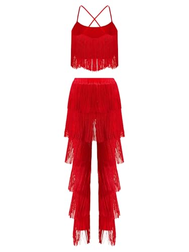 YEAHDOR Women Latin Salsa Dance Outfits Spaghetti Straps Tassel Crop Top with Fringe Pants 2 Piece Set Red Medium
