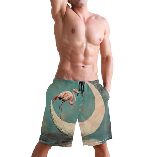 Men's Swim Trunks Flamingo Moon Print, Quick Dry Beach Board Shorts with Lining-S4