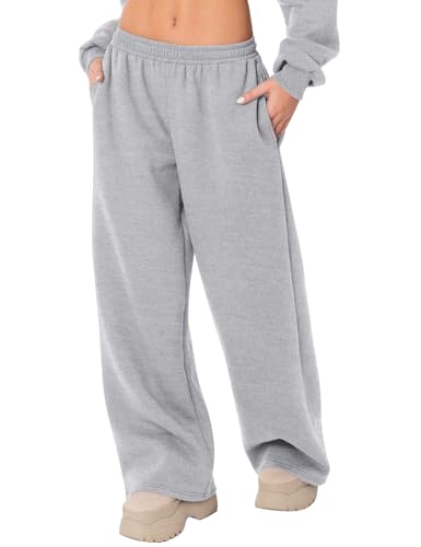LOMON Wide Leg Sweatpants Women Fleece Sweat Pants Fall Spring Clothes 2026 Teen Girl Baggy Jogger Sweatpant with Pockets (Mid Grey, S)