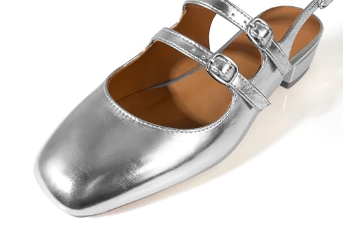 Image of anteikira Women's Round Toe Slingback Flats Closed Toe Double Strap Mary Jane Flats for Women 1 Inch Heel Dress Shoes Low Heel Causal Work Office Pumps for Women Size 5.5-12US